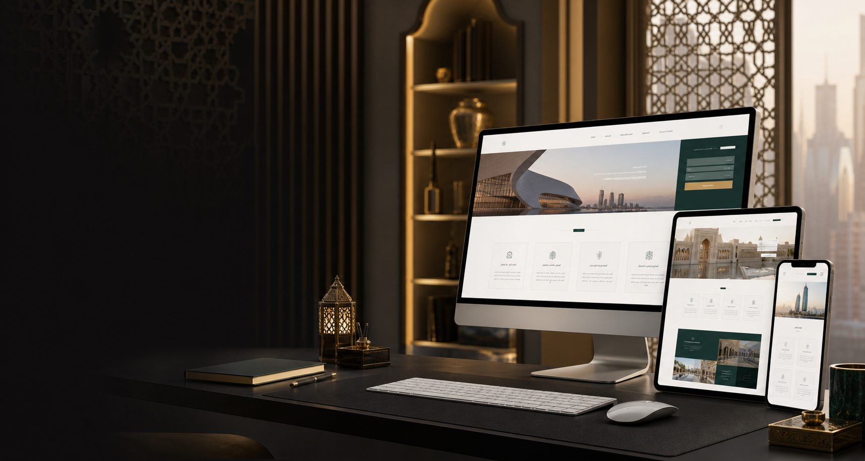 استوديو تصميم مواقع احترافي يعرض واجهات عربية متعددة اللغات على أجهزة مختلفة